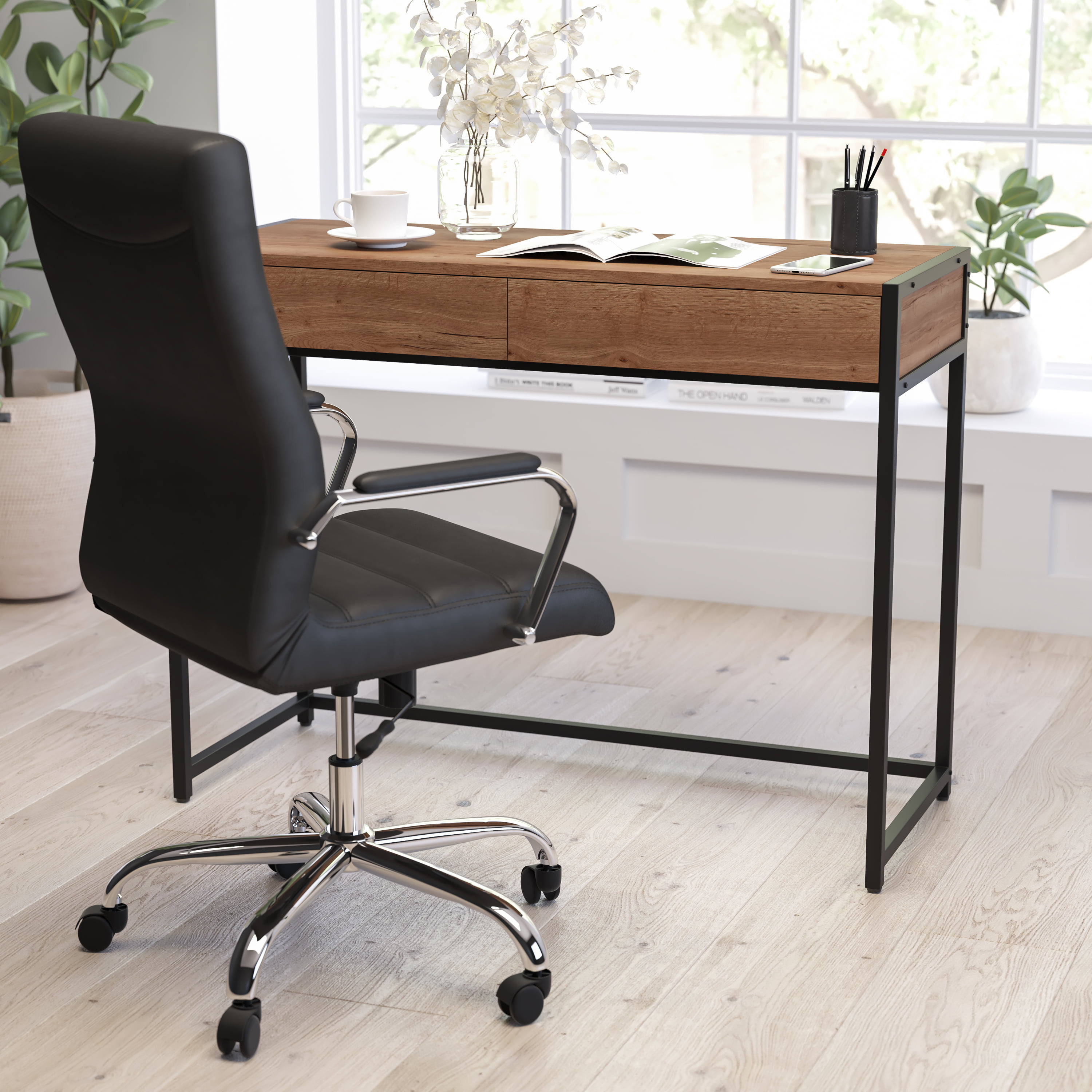 47.2 Rustic Wooden Natural & Black Office Desk with Drawers & Metal Legs, Homary