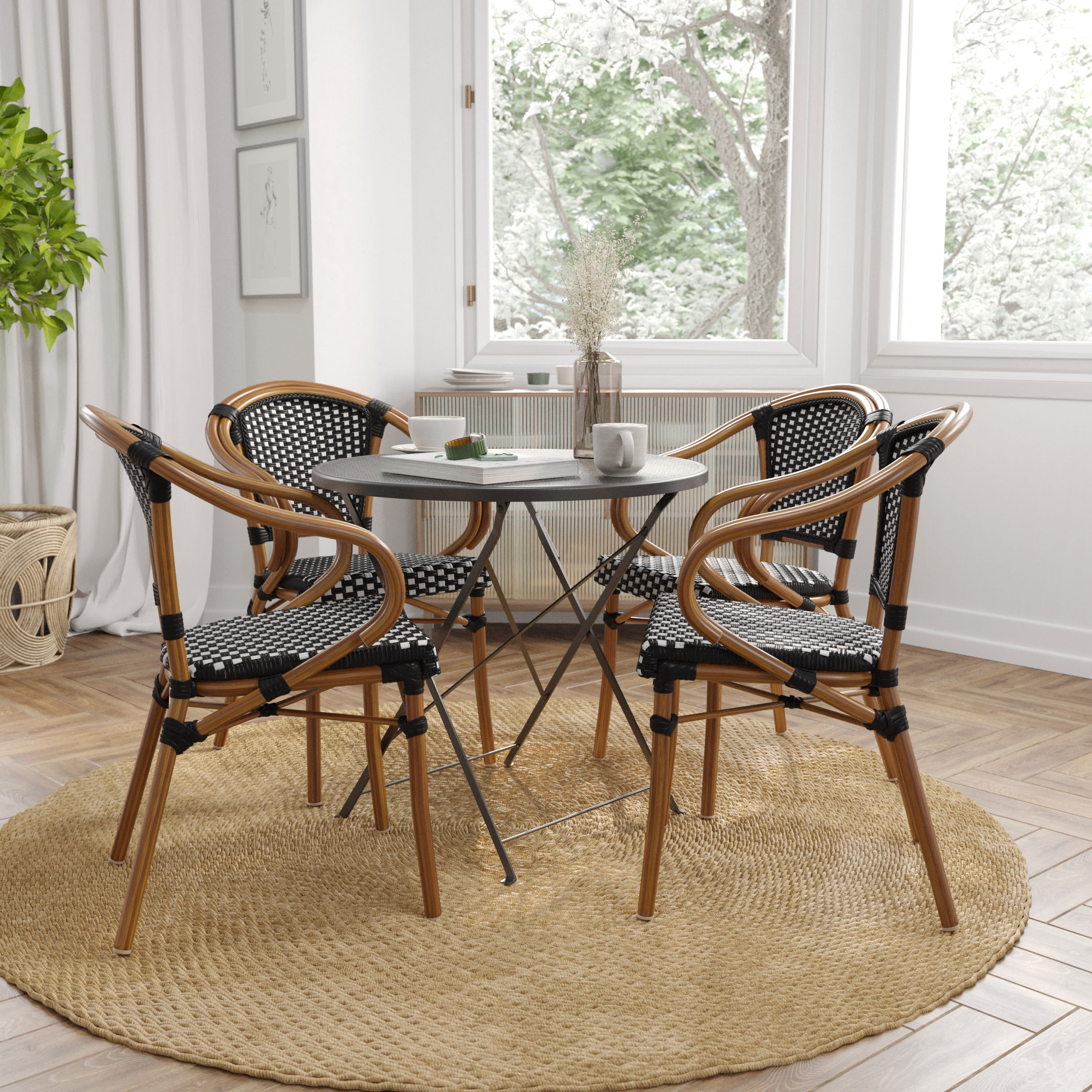 Set of Four Black & White PE Rattan Dining Chairs with Bamboo Metal Frame