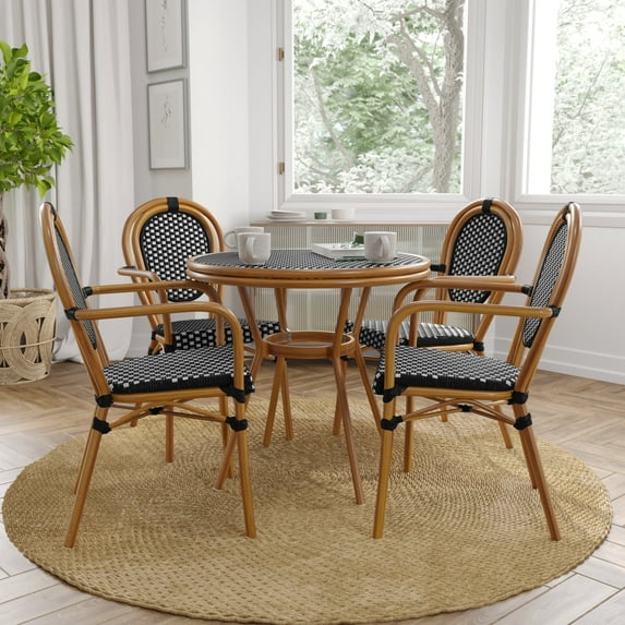 Merrick Lane Set of Four Stacking Thonet Bistro Style Chair with Arms, Black & White PE Rattan Seat, and Natural Metal Frame for Indoor/Outdoor Use