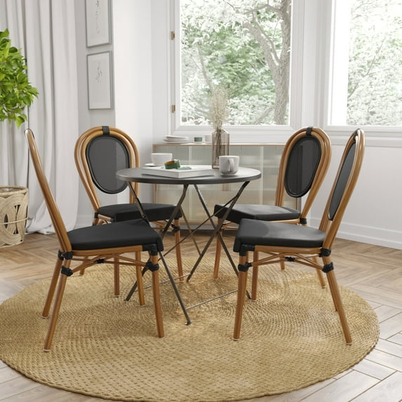 Merrick Lane Set of Four Stacking Thonet French Bistro Style Chair with Arms, Black & White Textilene Seat, and Bamboo Metal Frame for Indoor/Outdoor Use
