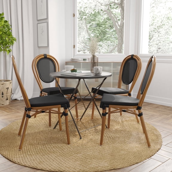 Merrick Lane Set of Four Stacking Thonet French Bistro Style Chair with Arms, Black & White Textilene Seat, and Bamboo Metal Frame for Indoor/Outdoor Use