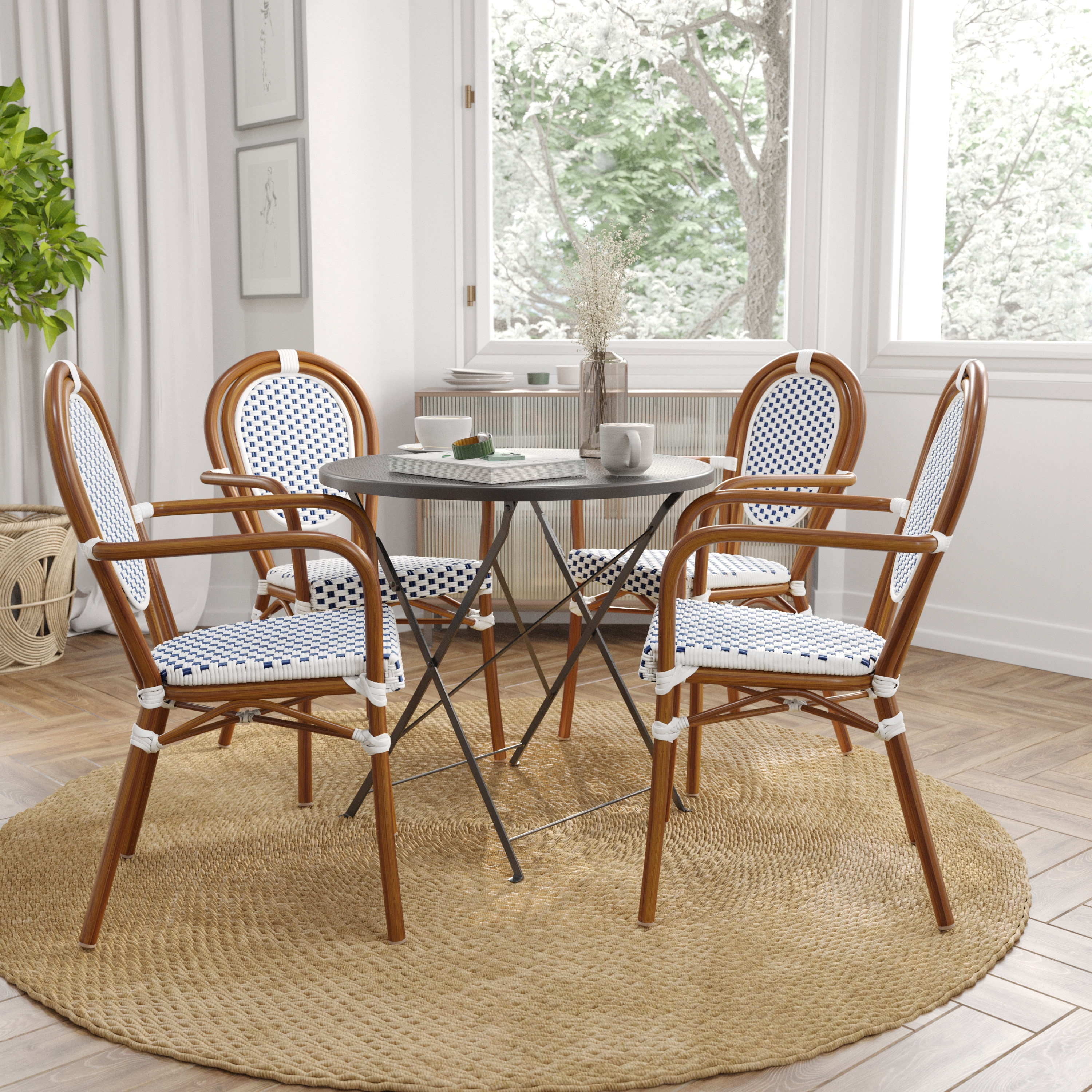 Set of Four White & Gray Bistro Chairs with Cushions and Aluminum Frame