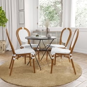 Merrick Lane Set of Four Stacking Thonet French Bistro Style Chair, White & Gray PE Rattan Seat, and Bamboo Finished Metal Frame for Indoor/Outdoor Use