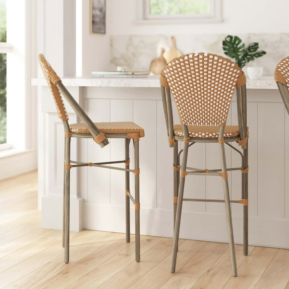 Merrick Lane Set of Two Indoor/Outdoor Stacking French Bistro Bar Stools with Natural and White Patterned Seats and Backs & Light Natural Metal Frames