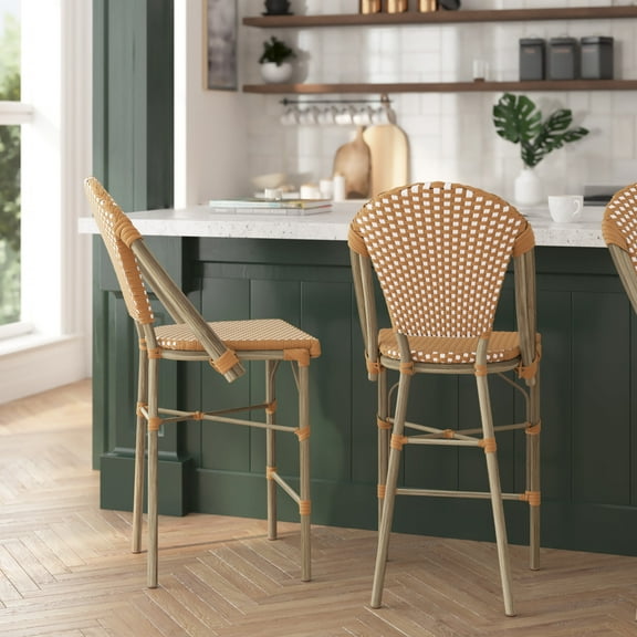 Merrick Lane Set of Two Indoor/Outdoor Stacking French Bistro Counter Stools with Natural and White Patterned Seats and Backs & Light Natural Metal Frames