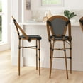 thumbnail image 1 of Merrick Lane Set of Two Stacking French Bistro Bar Stools with Black and White PE Seats and Back and Bamboo Finished Metal Frames for Indoor/Outdoor Use, 1 of 12