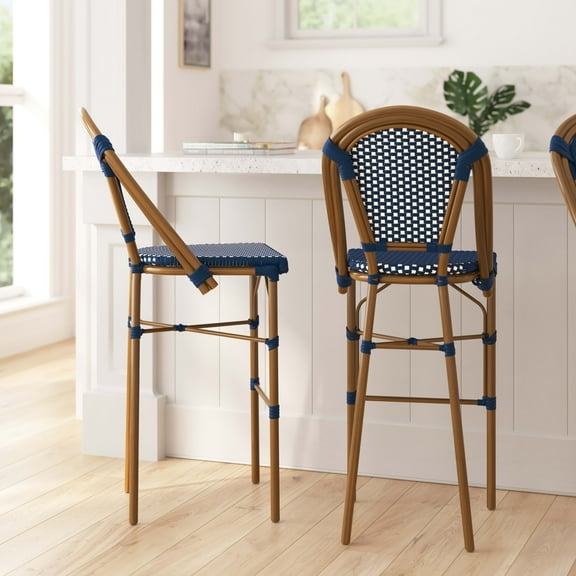 Merrick Lane Set of Two Stacking French Bistro Bar Stools with Navy and White PE Seats and Back and Bamboo Finished Metal Frames for Indoor/Outdoor Use