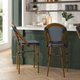 thumbnail image 1 of Merrick Lane Set of Two Stacking French Bistro Counter Stools with Navy and White PE Seats and Back and Bamboo Finished Metal Frames for Indoor/Outdoor Use, 1 of 12