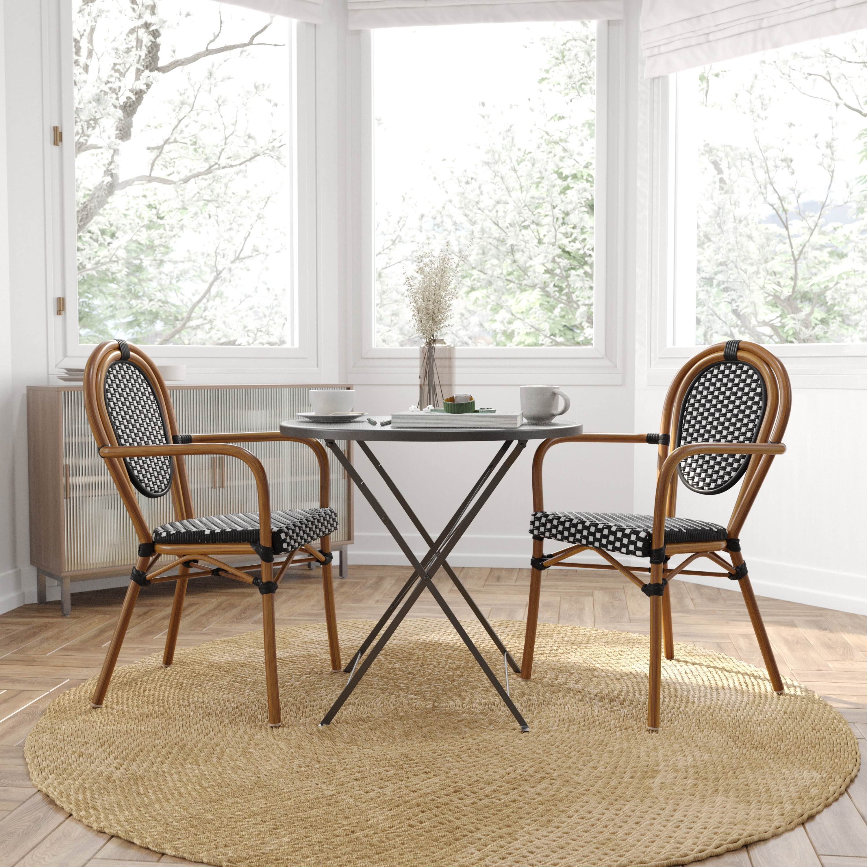 Set of Two Black & White Woven Rattan Bistro Dining Chairs with Brown Metal Frame