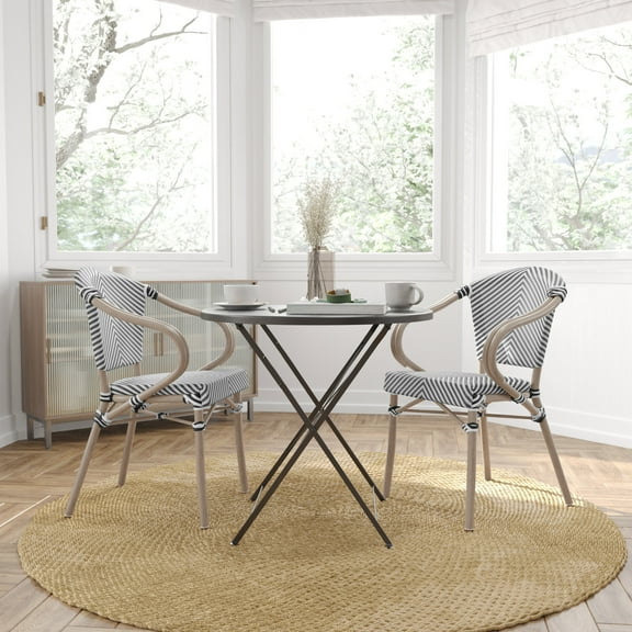 Merrick Lane Set of Two Stacking Thonet French Bistro Style Chair with Arms, Black & White Textilene Seat, and Bamboo Metal Frame for Indoor/Outdoor Use