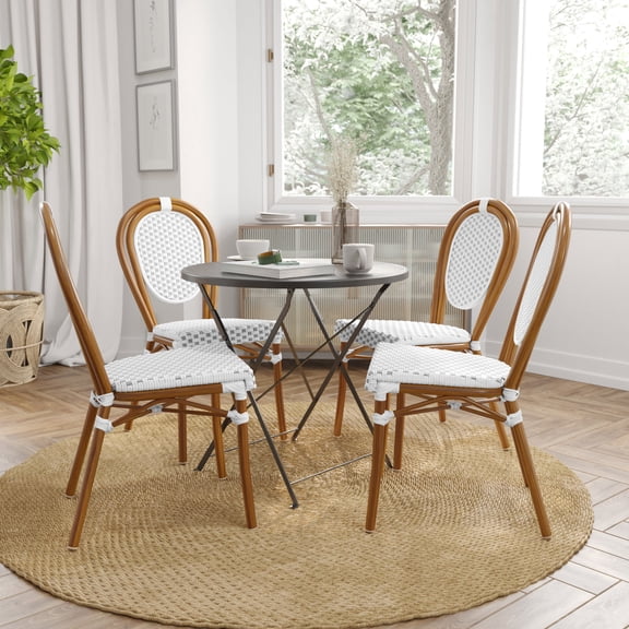 Merrick Lane Set of Two Stacking Thonet French Bistro Style Chair, White & Navy PE Rattan Seat, and Bamboo Finished Metal Frame for Indoor/Outdoor Use