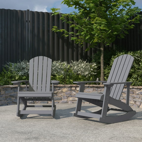 Merrick Lane Set of 2 All-Weather Polyresin Adirondack Rocking Chair with Vertical Slats in Gray