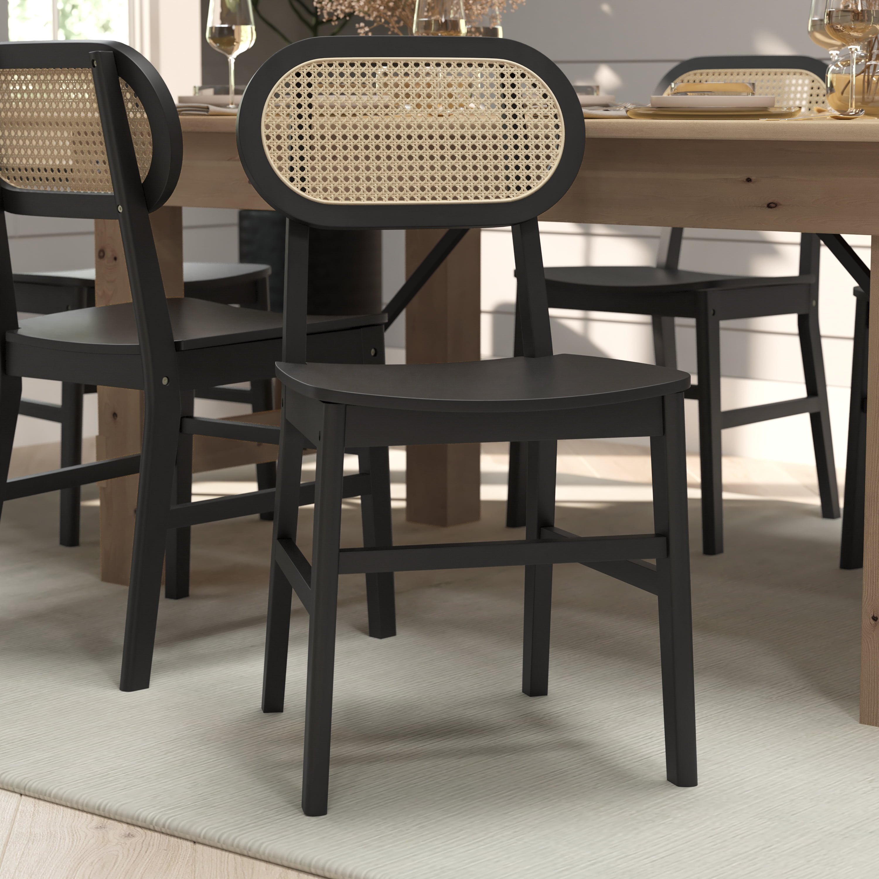 Black Solid Wood and Cane Side Chair with Natural Finish