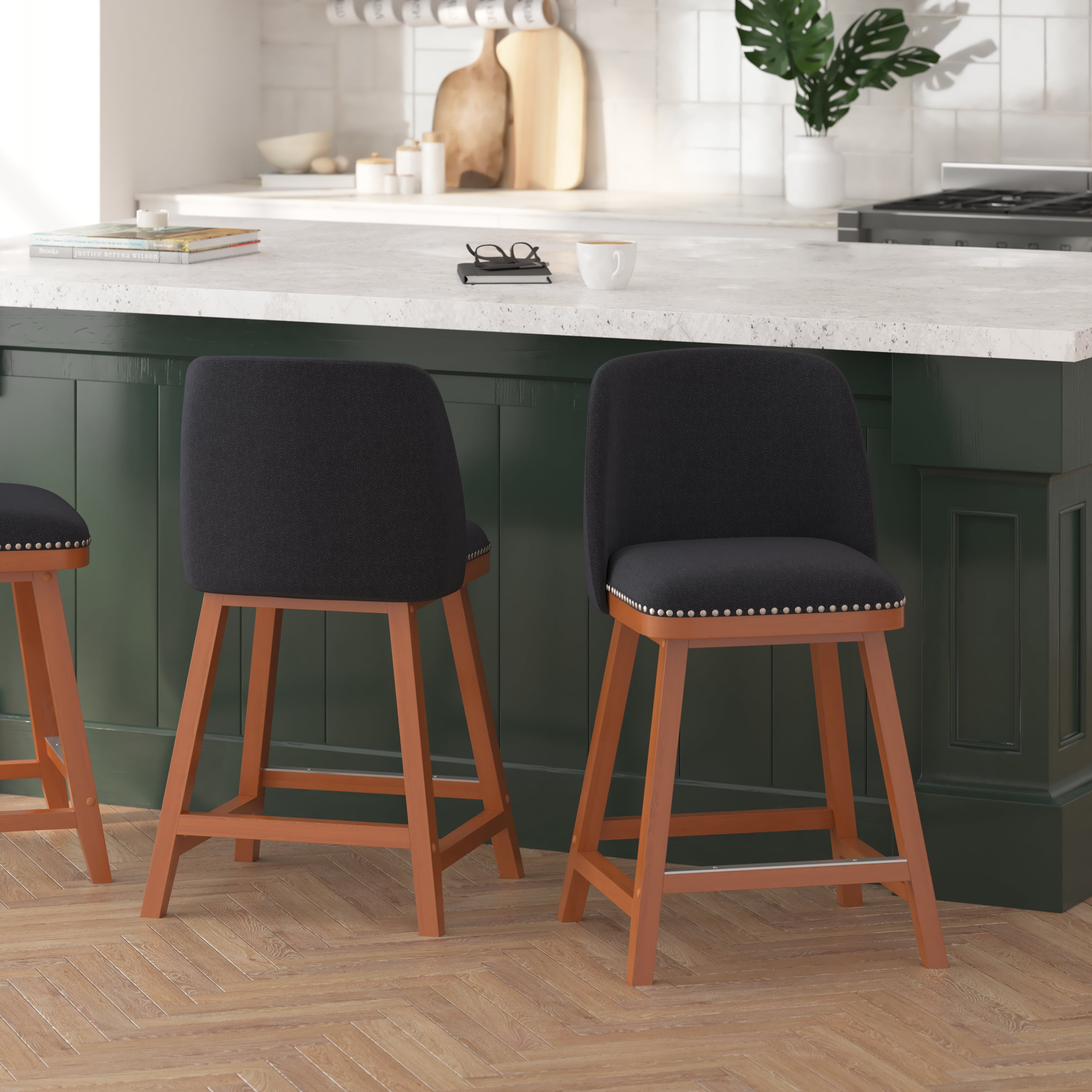 Charcoal Faux Linen 24" Counter Stools with Walnut Wood and Nailhead Trim, Set of 2