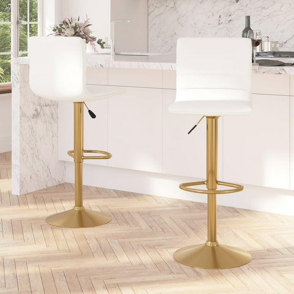 Merrick Lane Set of 2 Contemporary Height Adjustable Swivel Stools with White Vinyl Seat and Back and Gold Pedestal Base with Footrest