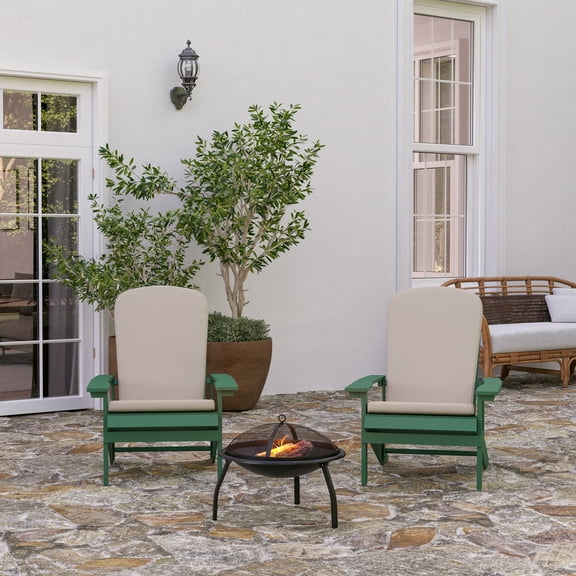 Merrick Lane Set of 2 Green Weather Resistant Adirondack Patio Chairs With Vertical Lattice Backs and Comfort Foam Cushions in Cream