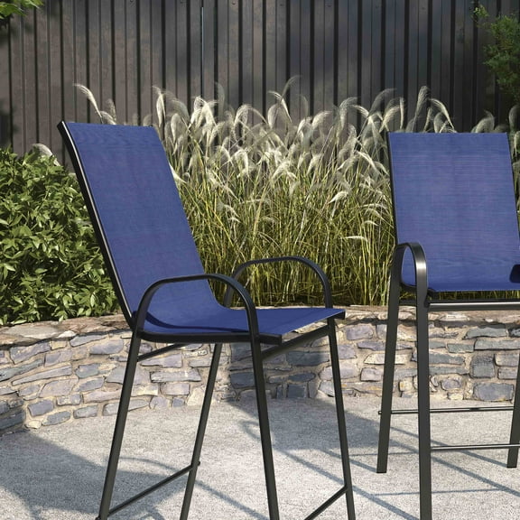 Merrick Lane Set of 2 Metal Bar Height Patio Chairs with Navy Flex Comfort Material