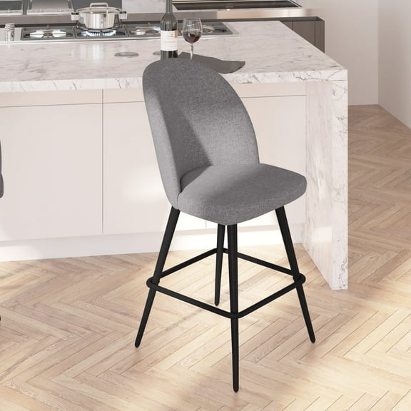 Merrick Lane Set of 2 Modern Armless Counter Stools with Contoured Backs, Steel Frames, and Integrated Footrests in Gray Faux Linen