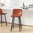 thumbnail image 1 of Merrick Lane Set of 2 Modern Cognac Faux Leather Upholstered Counter Stools with Contoured, Low Back Bucket Seats and Iron Frames, 1 of 12