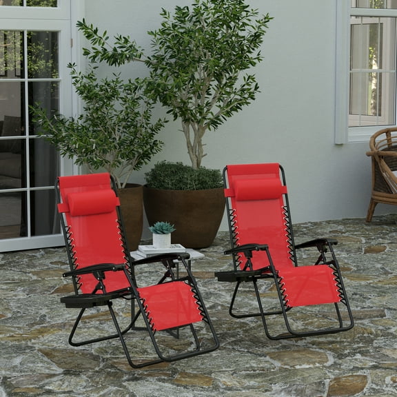 Merrick Lane Set of 2 Red Folding Mesh Upholstered Zero Gravity Chair with Removable Pillow and Cupholder Tray