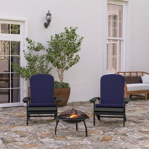 Merrick Lane Set of 2 Slate Gray Weather Resistant Adirondack Patio Chairs With Vertical Lattice Backs and Comfort Foam Cushions in Blue