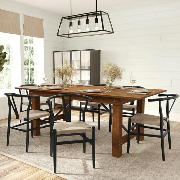 Merrick Lane Set of 2 Stack Dining Chairs with Wishbone Style Design, Solid Wood Frames, Woven Kraft Paper Rope Seats - Black/Natural