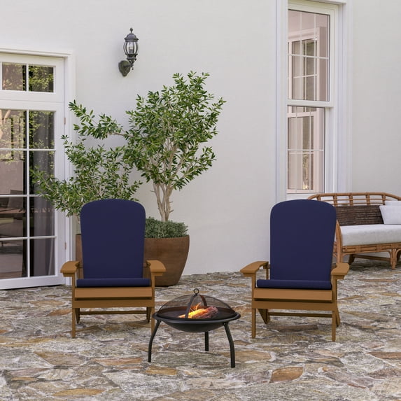 Merrick Lane Set of 2 Teak Weather Resistant Adirondack Patio Chairs With Vertical Lattice Backs and Comfort Foam Cushions in Blue