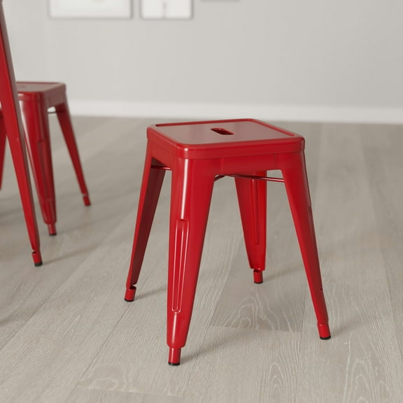 Merrick Lane Set of 4 18" High Backless Stacking Dining Stools with Durable Metal Frame in Red