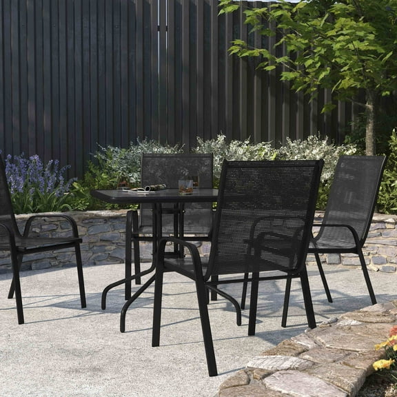 Merrick Lane Set of 4 Metal Stacking Patio Chairs with Black Flex Comfort Material