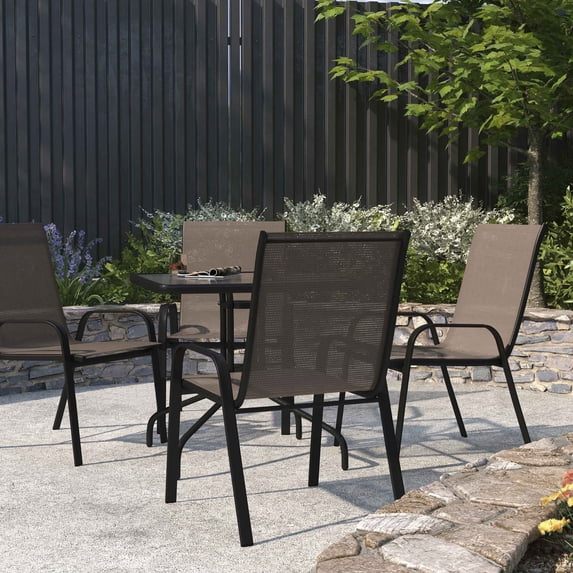 Merrick Lane Set of 4 Metal Stacking Patio Chairs with Brown Flex Comfort Material