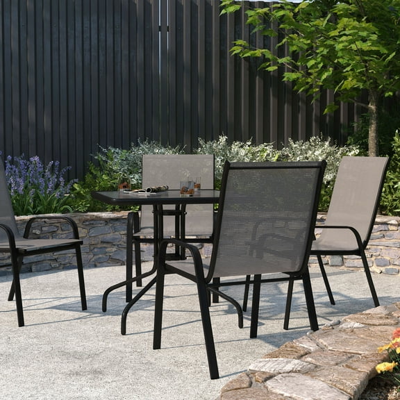 Merrick Lane Set of 4 Metal Stacking Patio Chairs with Gray Flex Comfort Material