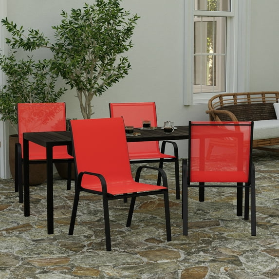 Merrick Lane Set of 4 Series Metal Stacking Patio Chairs with Red Flex Comfort Material