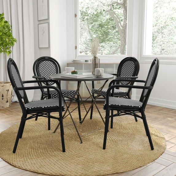 Merrick Lane Set of Four Stacking Thonet Bistro Style Chair with Arms, Black & White PE Rattan Seat, and Black Metal Frame for Indoor/Outdoor Use