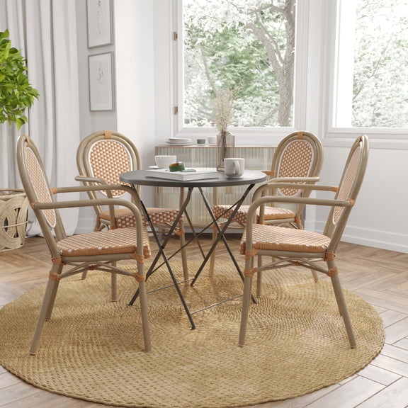 Merrick Lane Set of Four Stacking Thonet Bistro Style Chair with Arms, Natural & Wht PE Rattan Seat, and Lt Bamboo Metal Frame for Indoor/Outdoor Use