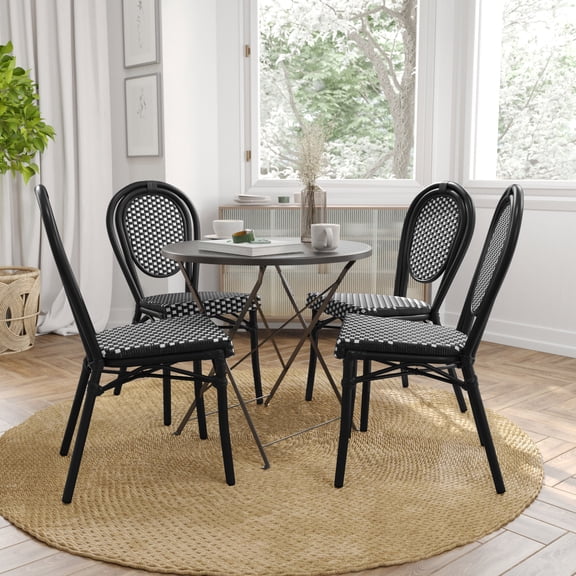 Merrick Lane Set of Four Stacking Thonet French Bistro Style Chair, Black & White PE Rattan Seat, and Black Metal Frame for Indoor/Outdoor Use