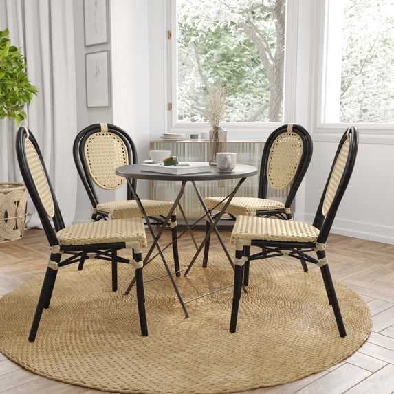 Merrick Lane Set of Four Stacking Thonet French Bistro Style Chair, Natural PE Cane Rattan Seat, and Black Metal Frame for Indoor/Outdoor Use