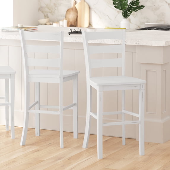 Merrick Lane Set of Two Classic Wooden Ladderback Bar Height Barstools with Solid Wood Seats in Antique White Wash