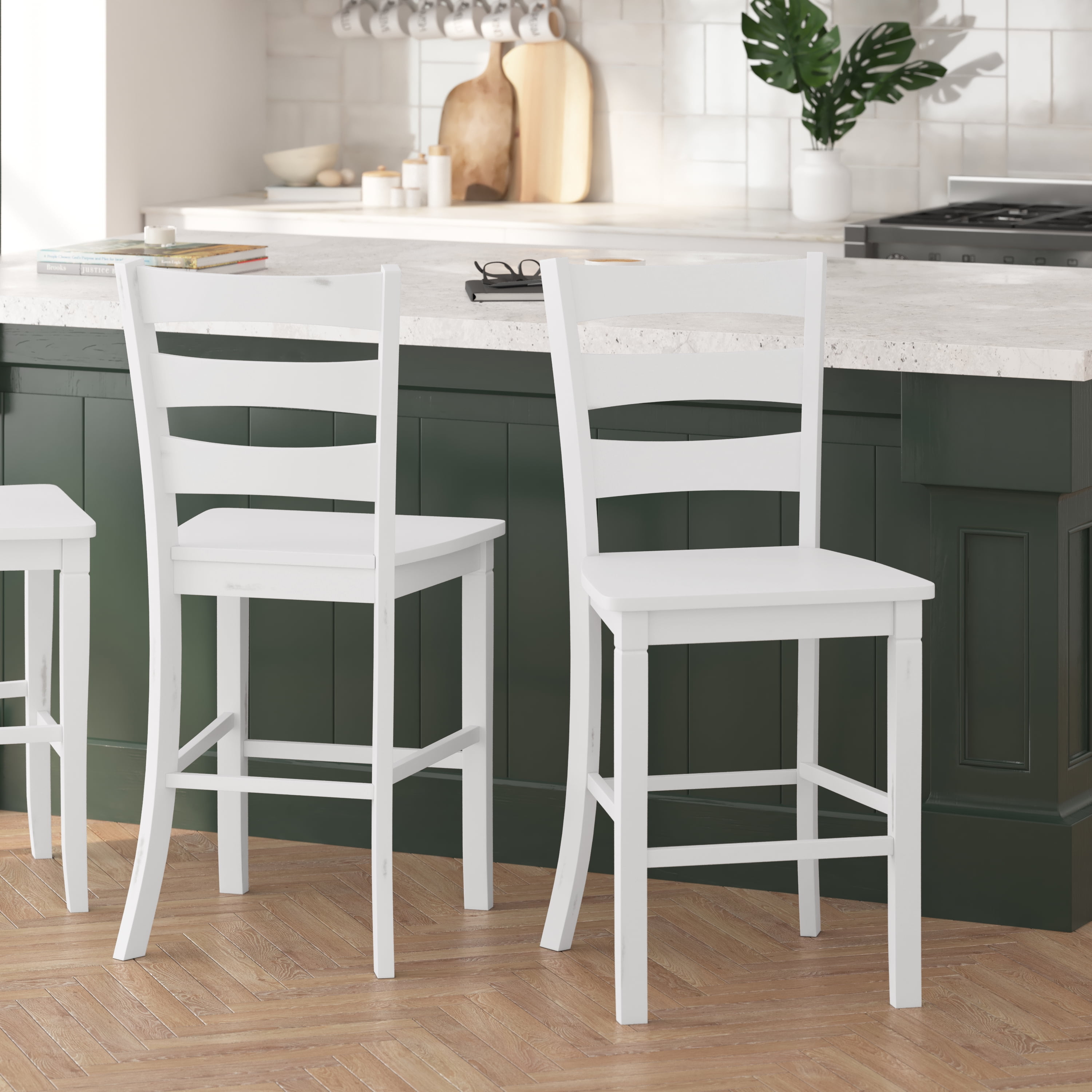 Antique White Wash Wooden Ladderback Counter Height Barstools, Set of Two