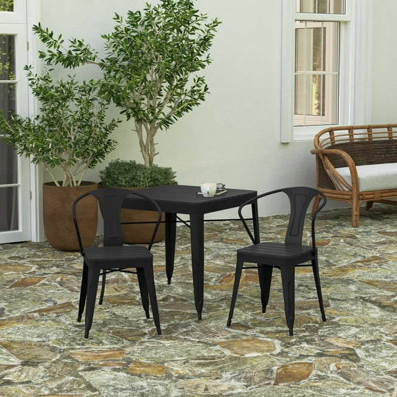Merrick Lane Set of Two Indoor/Outdoor Black Poly Resin Stacking Arm Chair with Vertical Slat Back and Slatted Seat