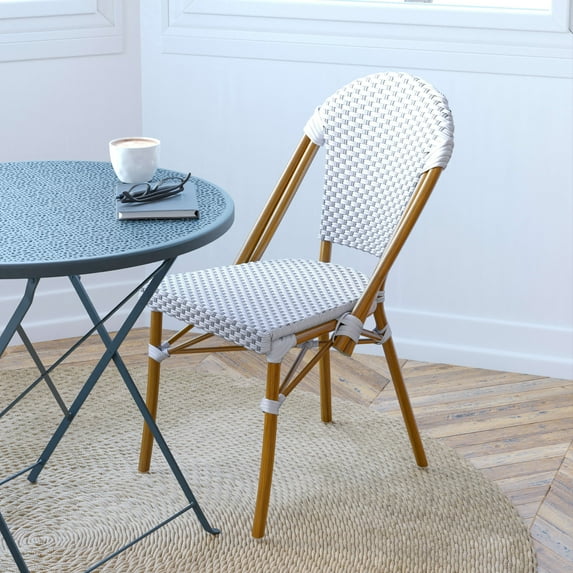 Merrick Lane Set of Two Indoor/Outdoor Stacking Bistro Chairs with White and Gray Patterned Seats and Backs & Bamboo Finished Aluminum Frames