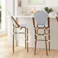 thumbnail image 1 of Merrick Lane Set of Two Indoor/Outdoor Stacking French Bistro Bar Stools with White and Navy Patterned Seats and Backs & Bamboo Finished Metal Frames, 1 of 12