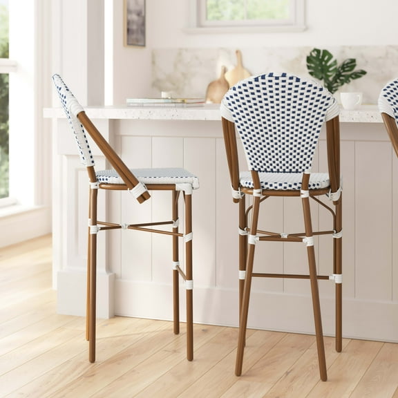 Merrick Lane Set of Two Indoor/Outdoor Stacking French Bistro Bar Stools with White and Navy Patterned Seats and Backs & Bamboo Finished Metal Frames