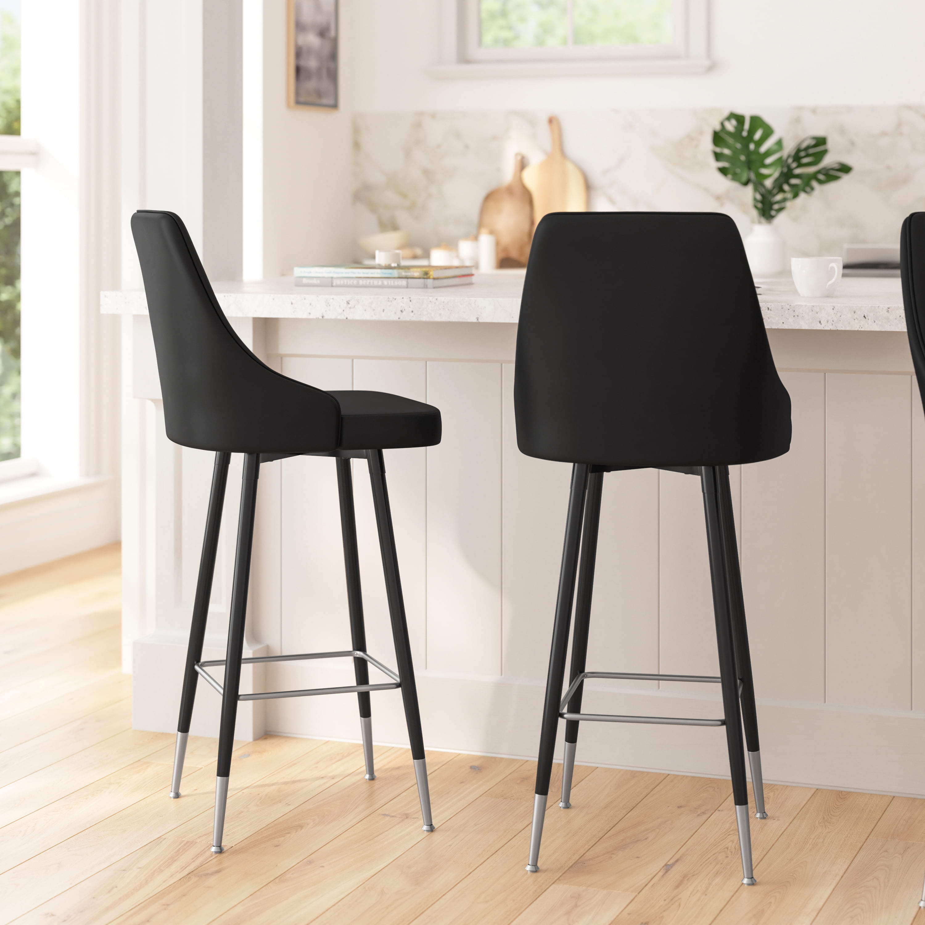 Set of Two Black Faux Leather Adjustable Dining Stools with Chrome Accents
