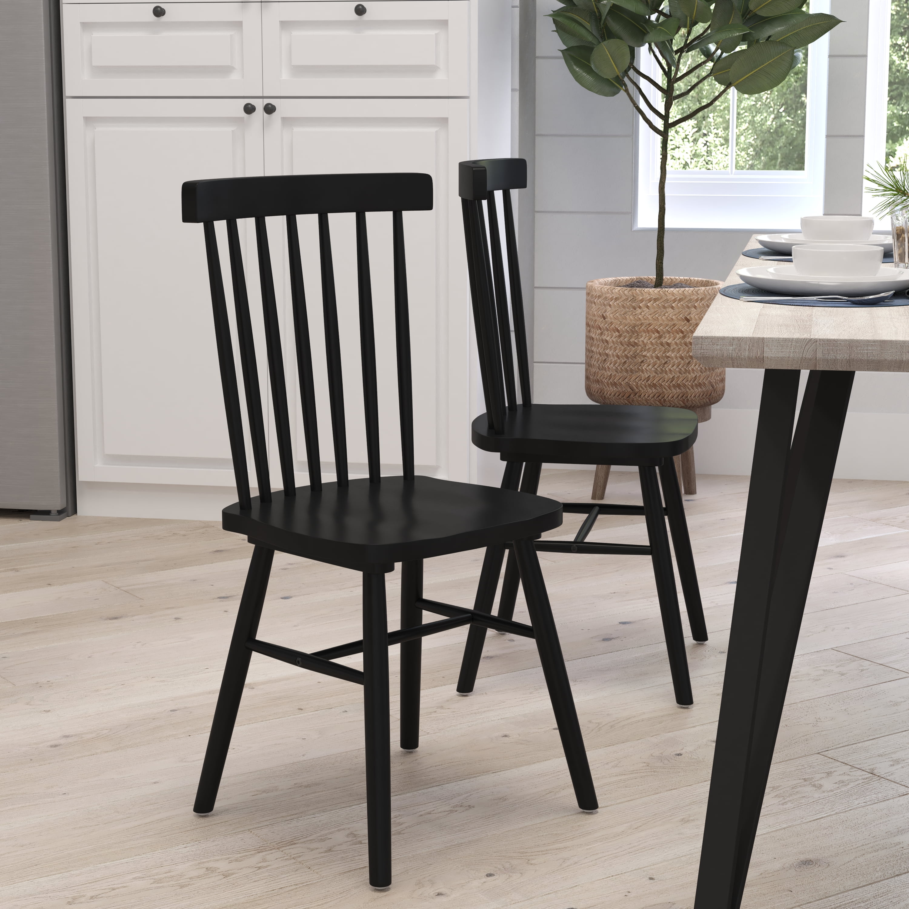Merrick Lane Set of Two Premium Solid Wood Spindle Back Dining Chairs in Black with Saddle Seats ...