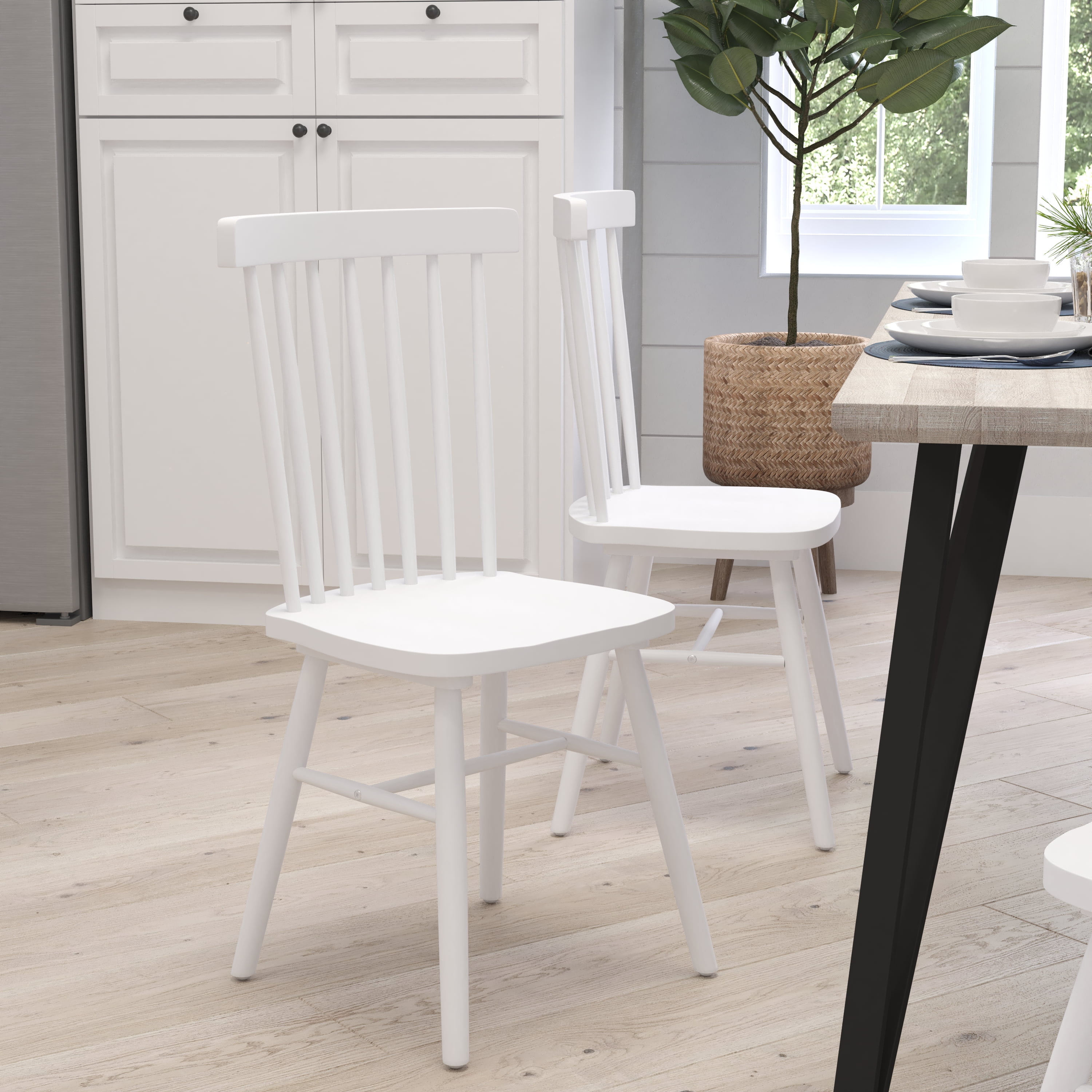 Merrick Lane Set of Two Premium Solid Wood Spindle Back Dining Chairs in White with Saddle Seat ...