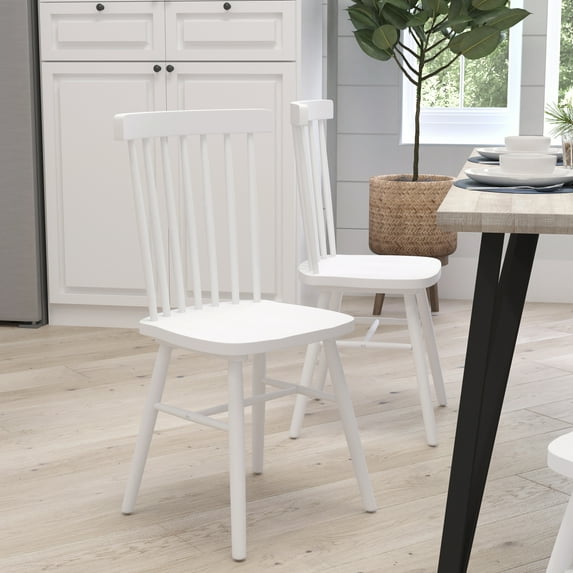 Merrick Lane Set of Two Premium Solid Wood Spindle Back Dining Chairs in White with Saddle Seat and Floor Protectant Felt Pads