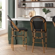 Merrick Lane Set of Two Stacking Bistro Style Counter Stools with Black Textilene Seat and Bamboo Finished Metal Frame for Indoor/Outdoor Use