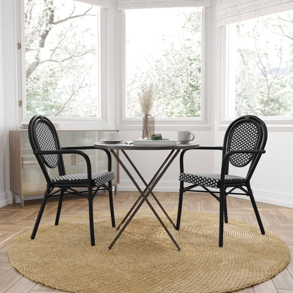 Merrick Lane Set of Two Stacking Thonet Bistro Style Chair with Arms, Black & White PE Rattan Seat, and Black Metal Frame for Indoor/Outdoor Use