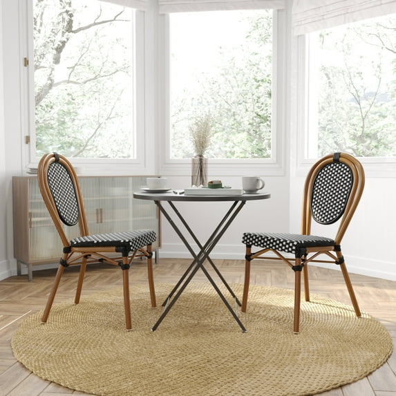 Merrick Lane Set of Two Stacking Thonet French Bistro Style Chair, Black & White PE Rattan Seat, and Natural Metal Frame for Indoor/Outdoor Use