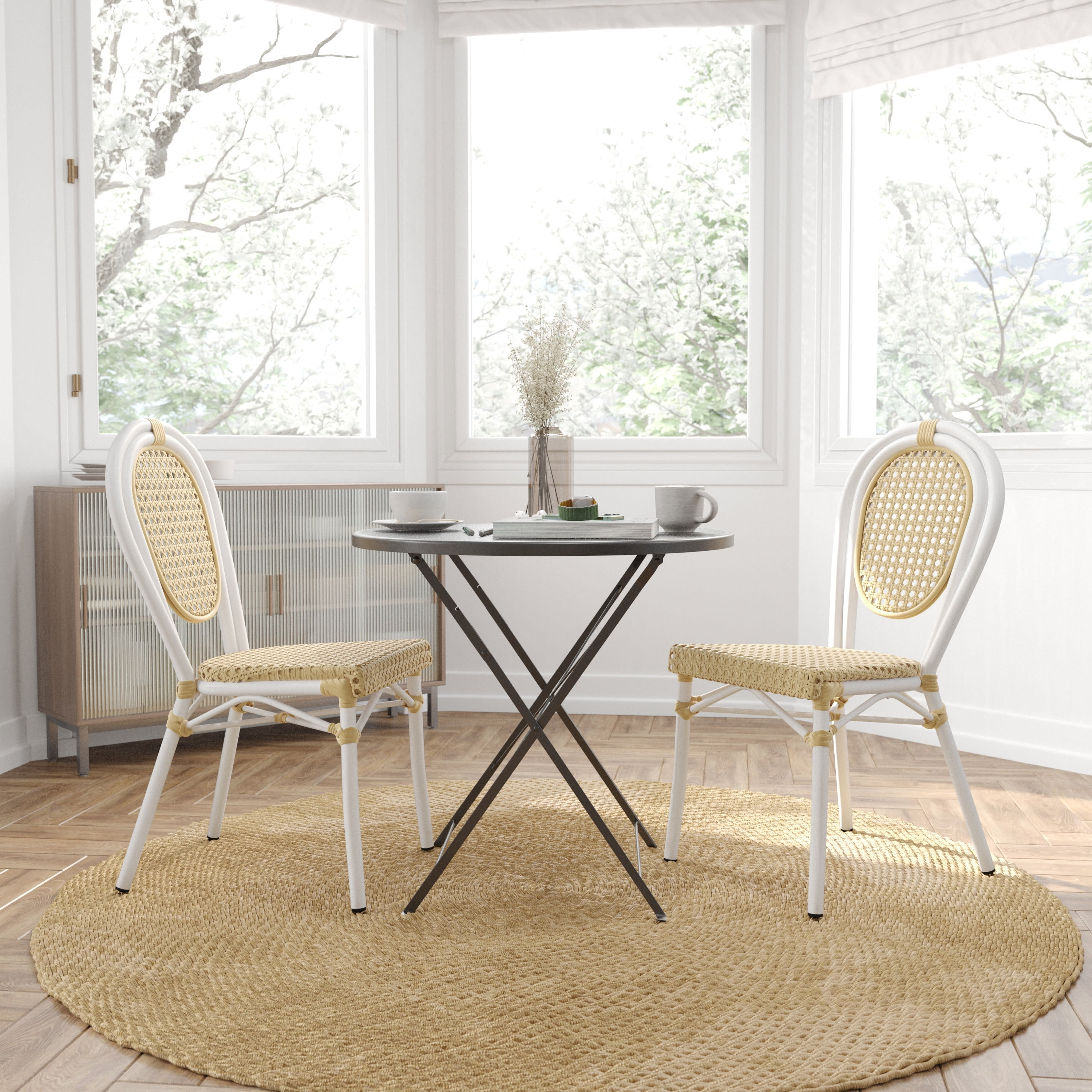 Natural and White Aluminum Frame Bistro Chairs with Rattan Seats
